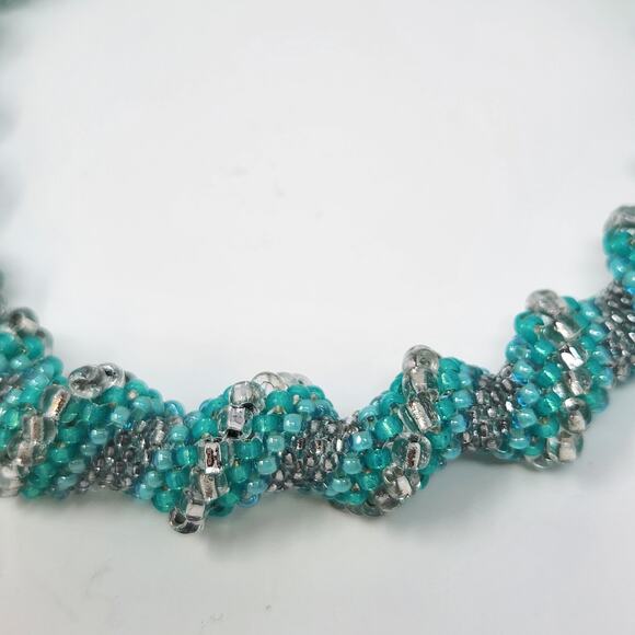 Turquoise Silver Seed Bead Rope Swirl Necklace Toggle Clasp Statement Jewelry - Picture 4 of 5